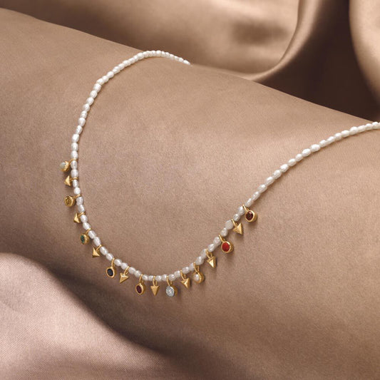 Navratna Charm Diamond Necklace in 14K Yellow Gold, 0.012 ct