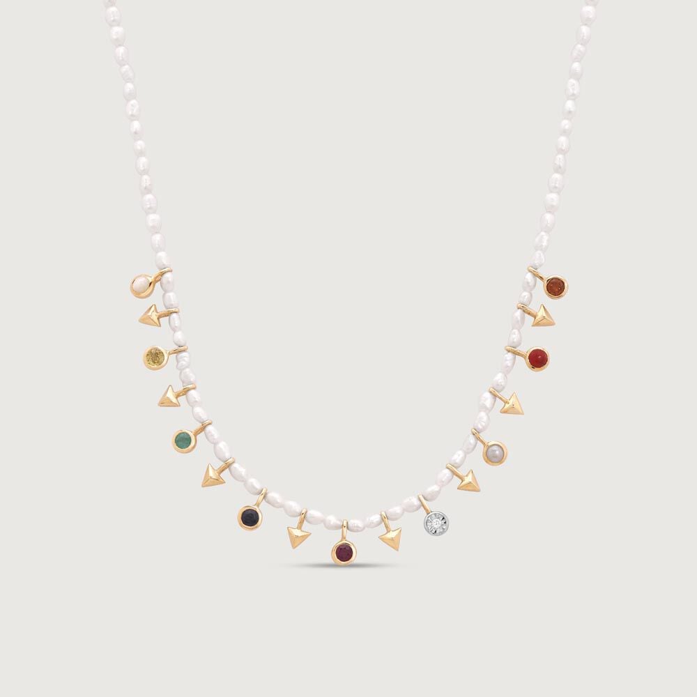 Navratna Charm Diamond Necklace in 14K Yellow Gold, 0.012 ct