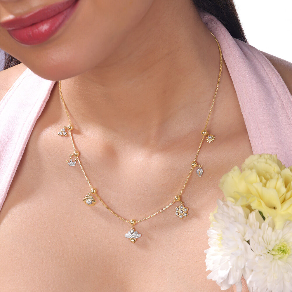 Honeybee Charm Diamond Necklace in 14K Yellow and White Gold, 0.29 ct