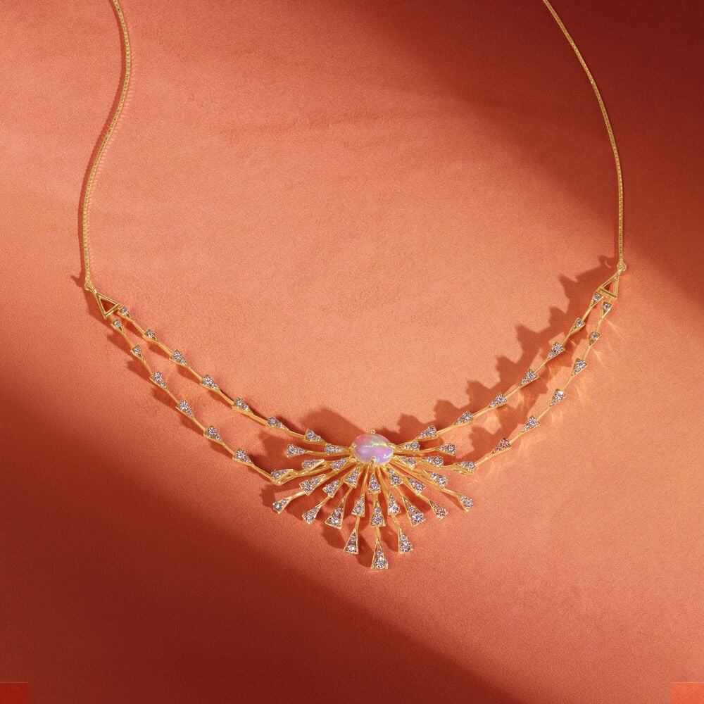 Opal Sunburst Diamond Necklace in 14K Yellow Gold, 0.525 ct