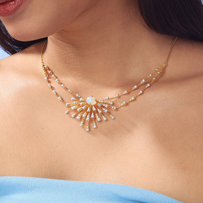 Opal Sunburst Diamond Necklace in 14K Yellow Gold, 0.525 ct