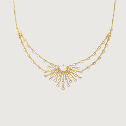 Opal Sunburst Diamond Necklace in 14K Yellow Gold, 0.525 ct
