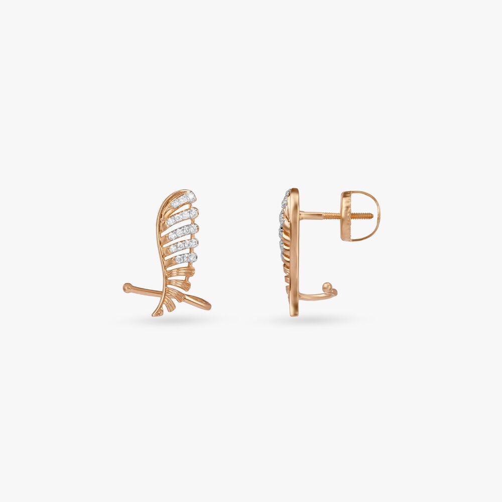 Ribbed Wing Diamond Stud Earrings in 18K Yellow Gold, 0.168 ct