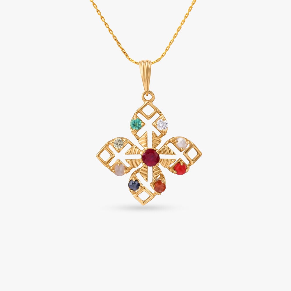 Floral-Cross Navratna Diamond Pendant in 18K Yellow Gold, 0.033 ct