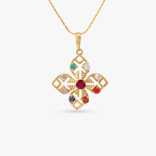 Floral-Cross Navratna Diamond Pendant in 18K Yellow Gold, 0.033 ct
