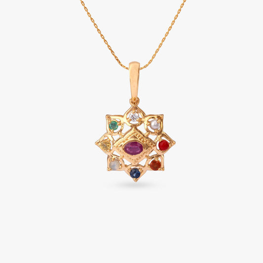 Navratna Star Diamond Pendant in 18K Yellow Gold, 0.03 ct